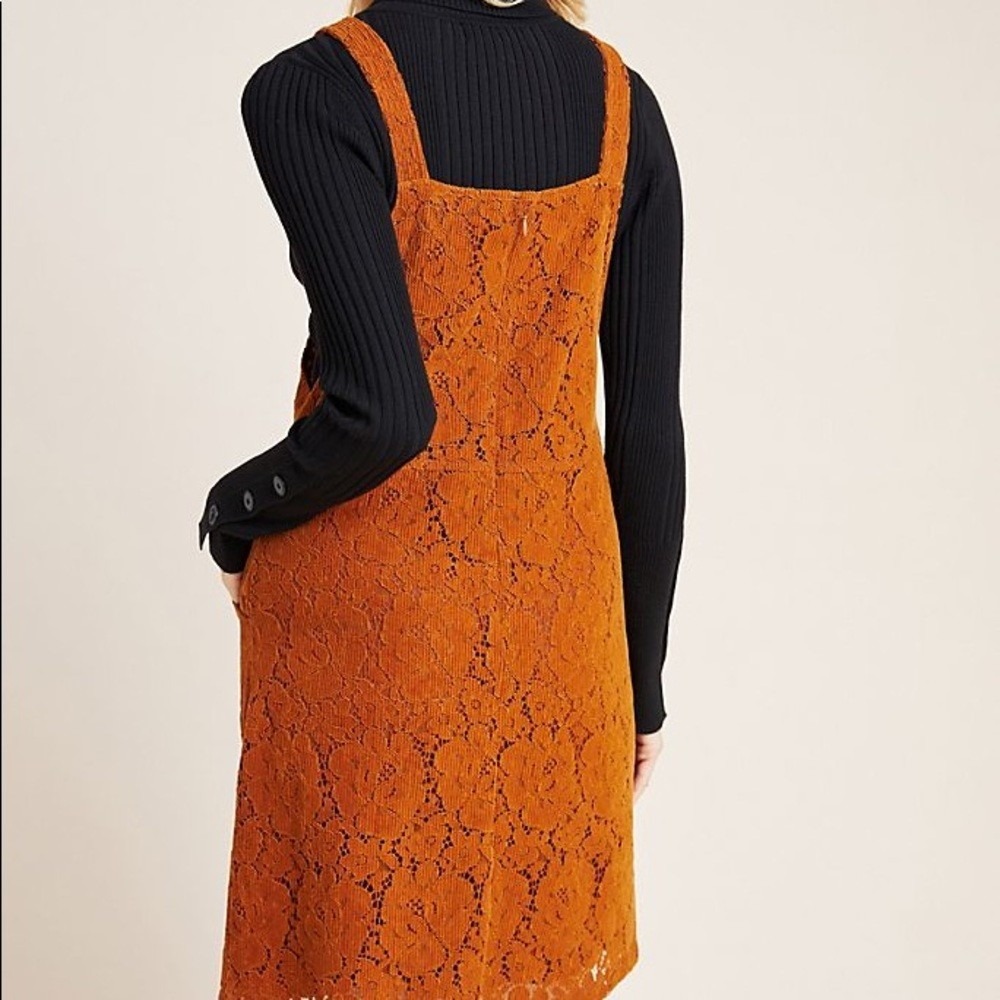 Anthropologie Dolan Hattie Corduroy Overall Dress Bronze Floral Lace Mini XS NEW - Picture 2 of 12